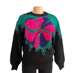 Jaclyn Smith Vintage 80’s Sweater Beaded Geometric Floral Pink Teal